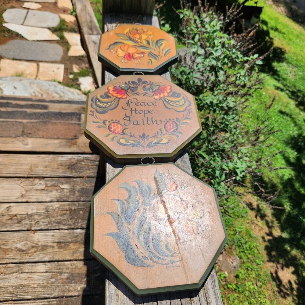 Vintage 3 Hand-Painted Octagonal Wooden Wall Plaques With Floral Designs Signed